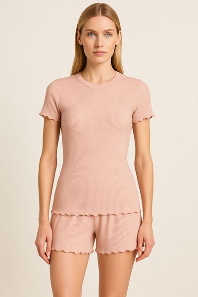 HNX Peach Cotton Corduroy Short Sleeve T-Shirt and Shorts Women's Pajama Set
