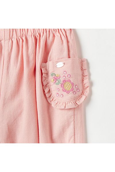 giggles Floral Embroidered Pants with Pockets and Elasticated Waistband