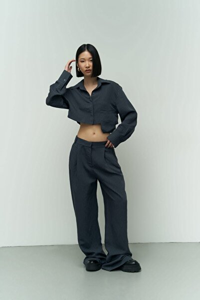 MAI STUDIOS CO. Valente sötétkék Crop ing nadrág szett