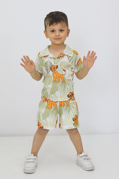 MİNİKANKA Lion Patterned Boy's Muslin Fabric Cotton Woven Shorts Suit 3-10 Years