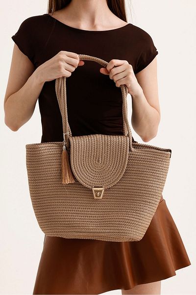KURGAN TEKSTİL Women's Straw Tassel Detailed Shoulder Bag