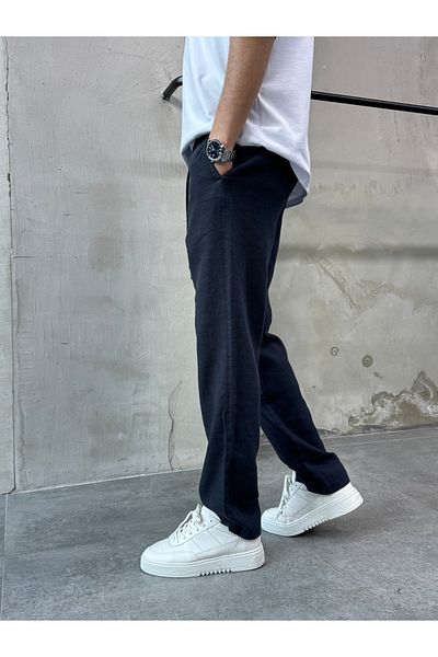 DİFRANSEL Navy Blue Relaks Fit Relaxed Cut Linen Trousers