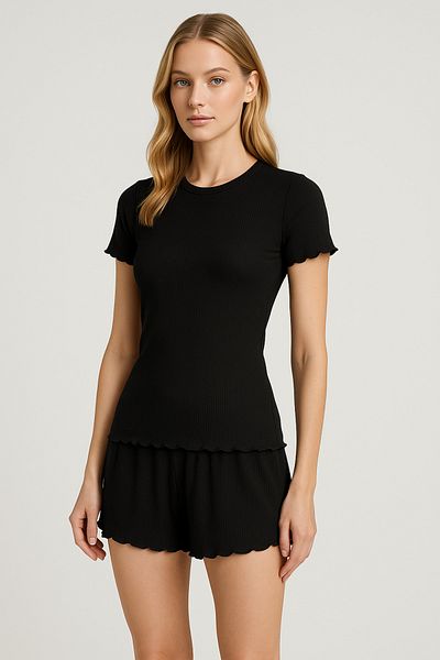HNX Black Cotton Corduroy Short Sleeve T-Shirt and Shorts Women's Pajama Set