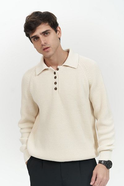 MAİ COLLECTİON Vander Knopfdetail Ecru Herrenstrickpullover