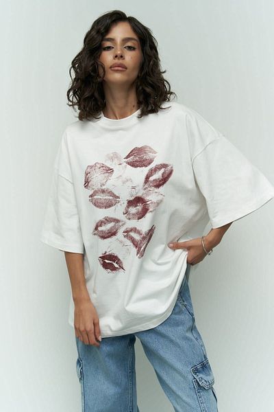 MAİ COLLECTİON Lips White Oversize T-Shirt