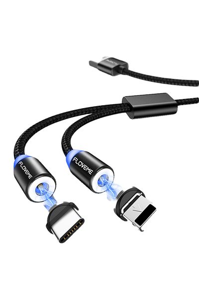 REDz Accessories Cablu de încărcare rapidă 2.1A, 2 conectori magnetici USB-C și Apple, 2 dispozitive simultan, LED, 1.2m