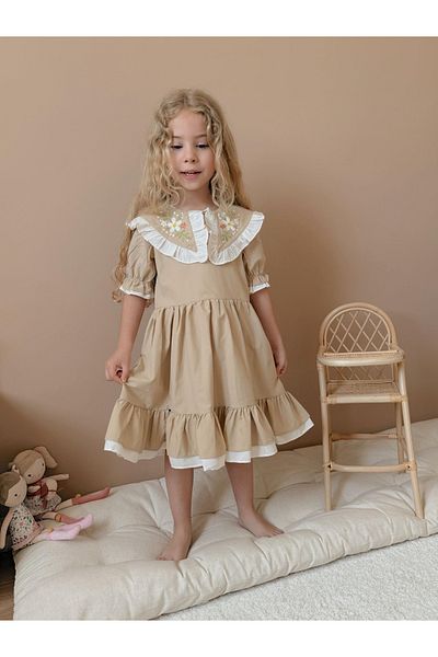 ARBİ kids Κορίτσι παιδί μπεζ γιακάς bebe λεπτομέρεια λουλουδιών κομψό φόρεμα γιορτινό katkat