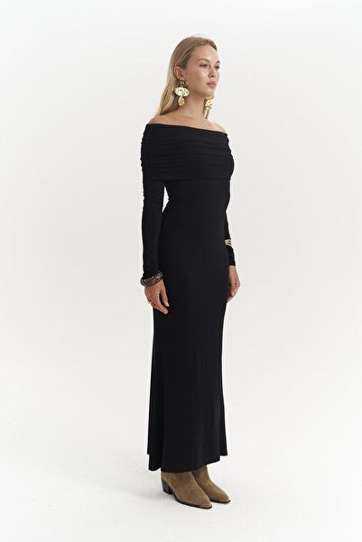 MAI STUDIOS CO. Черна дълга рокля с яка афро кармен
