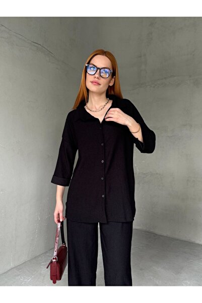 Cappmoda TKM-03660 Set de două piese, negru, dublu, cu jumătate de mânecă, cu fantă laterală, pantaloni cu talie elastică