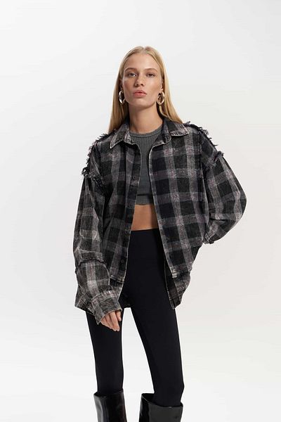 MAİ COLLECTİON Cămașă oversize unisex în carouri antracit lavabilă Loma