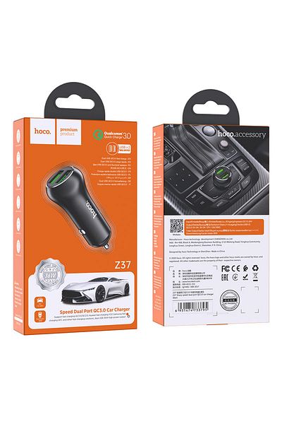 REDz Accessories Încărcător auto Hoco Z37, încărcare rapidă 3.0, putere 36W, 2 porturi USB, negru