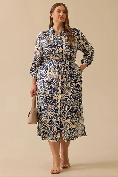 Gala-Xi Galaxi Women's Large Size Patterned Belted Dress 4007 Navy Blue