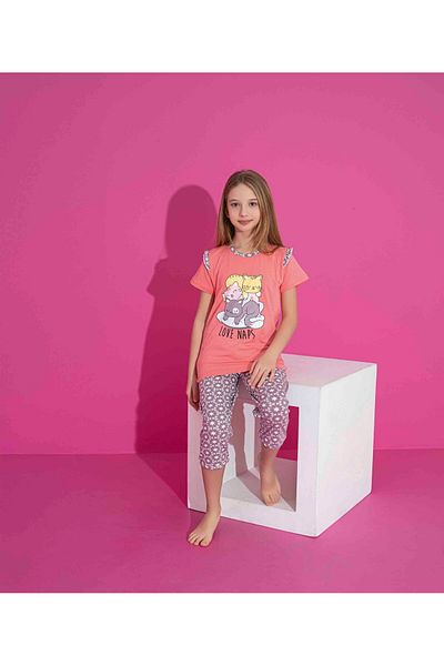 Tarık Girl's Short Sleeve Capri Lycra Combed Cotton Fabric Medium Thick Pajama Set-3061