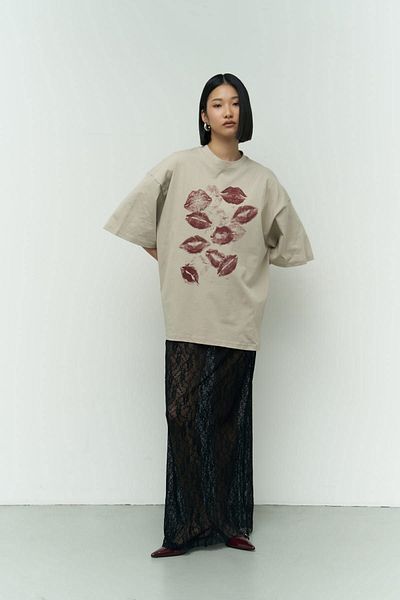 MAİ COLLECTİON Mai Collection Lips Beige Oversize T-Shirt