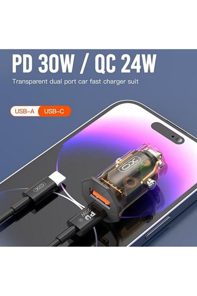 REDz Accessories Set adaptor auto XO-CC56 cu cablu Type-C, compatibil cu iPhone 15/16 și Android, porturi duble, negru