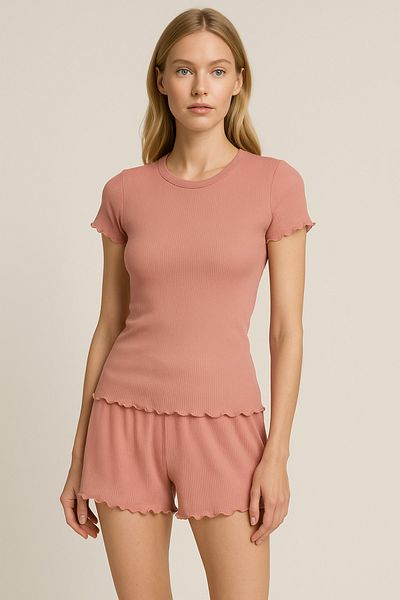 HNX Mink Cotton Corded Short Sleeve T-Shirt and Shorts Women's Pajama Set