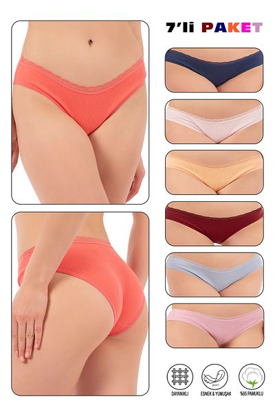 ÖZKAN underwear Özkan 27037 Women's 7 Pack Mixed Color 95% Cotton Ribbed Flexible Comfortable Lace Waist Slip Bikini K