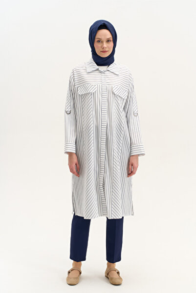 Setrms Süs Cep Kapaklı Kolları Katlanabilir Bant Detaylı Çizgili Tunik