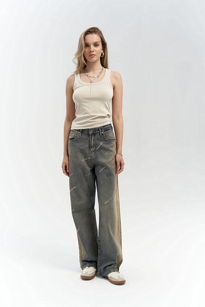 MAİ COLLECTİON Elang Dirty Gray Staple Detail Jean Trousers