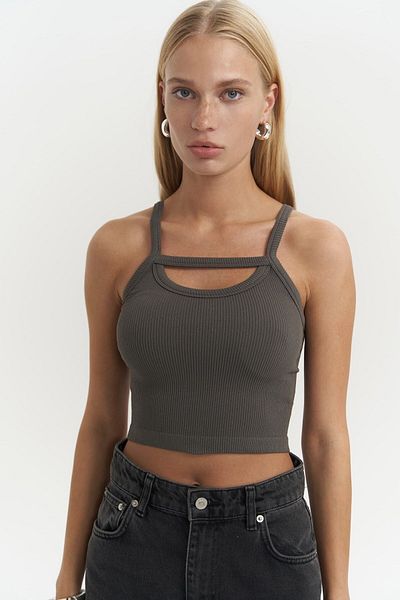 MAİ COLLECTİON Noam Anthracite Front Detail Corded Crop