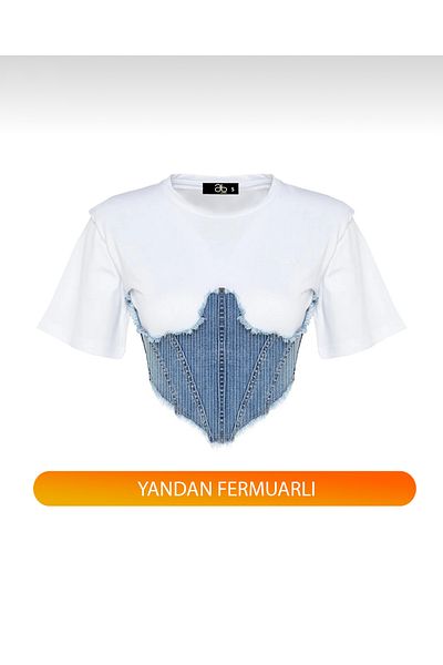 AB LOOKS Tricou de damă cu dungi albe cu corset din denim Tricou cu mânecă scurtă cu detaliu de blugi