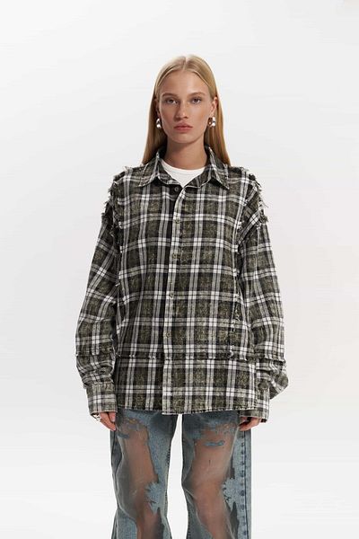 MAİ COLLECTİON Cămașă oversize unisex în carouri kaki lavabilă Loma
