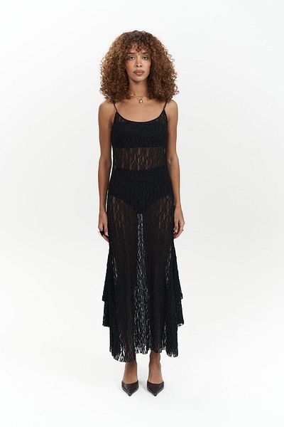 MAİ COLLECTİON Schwarzes langes Kleid mit Handspitze