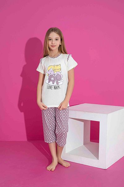 Tarık Girl's Short Sleeve Capri Lycra Combed Cotton Fabric Medium Thick Pajama Set-3061