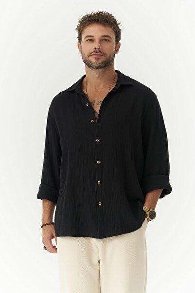 BOHEMAİ Herman férfi túlméretezett fekete muszlin ing