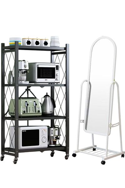Cady One 2 n1 Kitchen Storage Rack Set Iron4Folding Shelf and Standing Mirror Adjustable Wheels White153x40cm