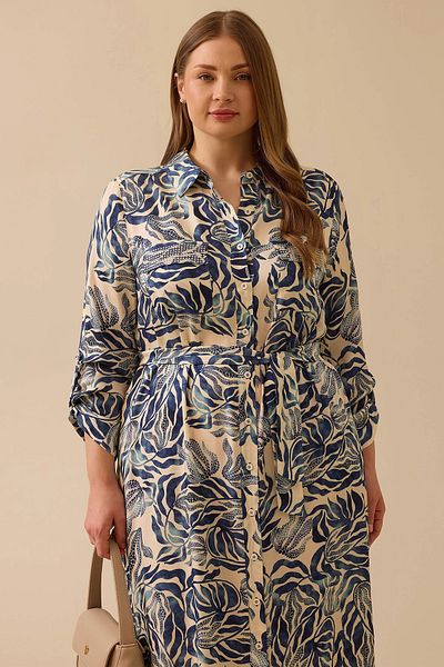 Gala-Xi Galaxi Women's Large Size Patterned Belted Dress 4007 Navy Blue