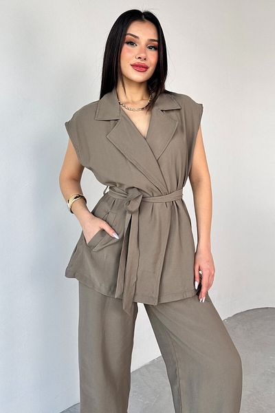 Cappmoda Tkm-13268 Khaki Double Breasted Collar Belted Vest Loose Trousers Double Set