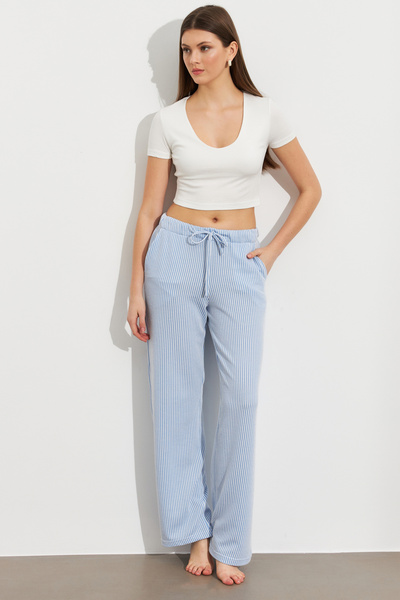 Cool & Sexy Kadın Ekru-Mavi Çizgili Eşofman Altı ATS80146
