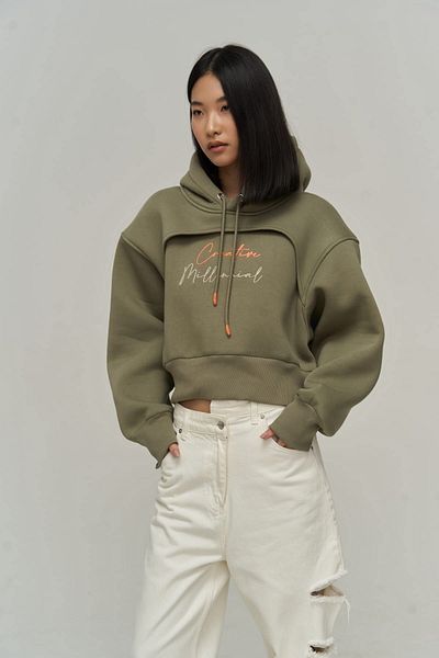 MAİ COLLECTİON Creative Soft Khaki Crop Sweatshirt