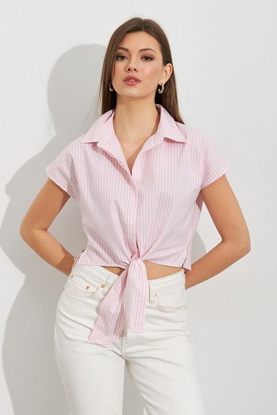 Cool & Sexy Women's Ecru-Pink Striped Tie-Up Crop Shirt Mpc306