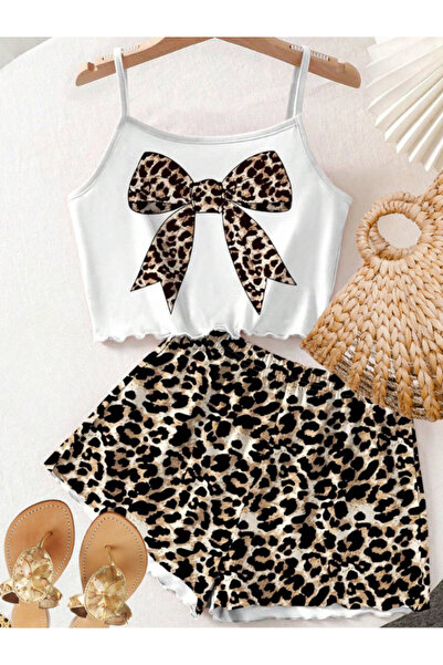 MOONBULL Kadın Leopar Kurdele Askılı Crop ile Leopar Şort Takım