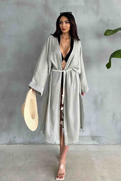 Cappmoda Hrk-19102 Green Effect Satin Fabric Long Kimono with Rope Belt