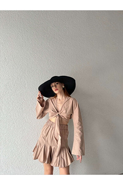 Cappmoda Tkm-03415 Μινκ Δέσιμο Λεπτομέρεια Μπλούζα Πλισέ Φούστα Διπλό Σετ