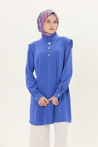 Setrms Stylish Buttoned Tunic with Pleated Collar