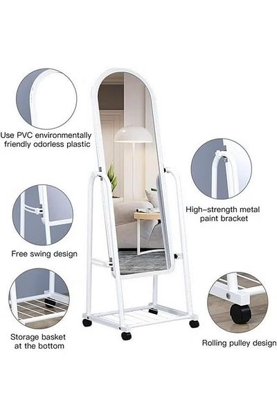 Cady One 2 n1 Kitchen Storage Rack Set Iron4Folding Shelf and Standing Mirror Adjustable Wheels White153x40cm