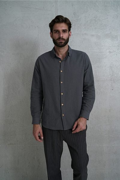 BOHEMAİ Pánská oversize mačkaná antracitová košile Wesley