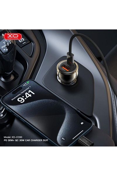 REDz Accessories Încărcător auto Xo-cc60 cu cablu Type-C de 1 m, încărcare rapidă de 60 W, iPhone 15/16 și Android, negru