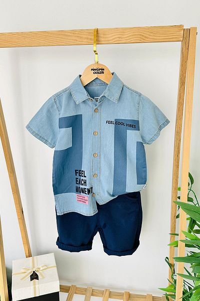 Minigimin Cicileri Costumul cu pantaloni scurți din denim pentru băieți „Feel Cool Vibes” pentru copilul meu mic - albastru