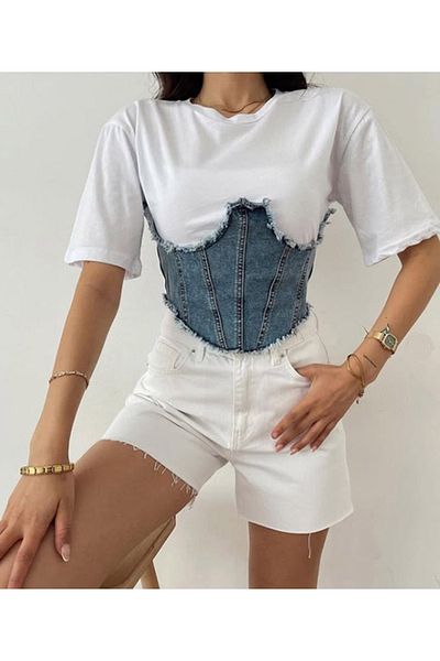 AB LOOKS Tricou de damă, alb, albastru, cu corset, cu detaliu din denim, blugi, cu mânecă scurtă, cu detaliu