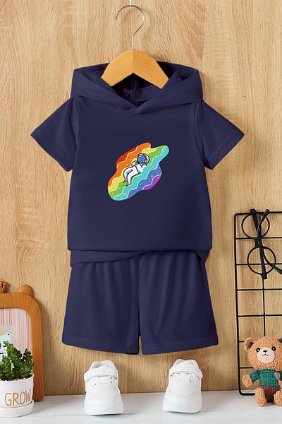 MYADA New Season Hooded Rainbow Astronaut Printed 2-Piece Children's Set 22431