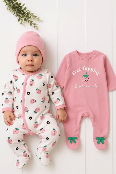 Babydonat Set of 4 Strawberry Patterned Jumpsuits for Baby Girls
