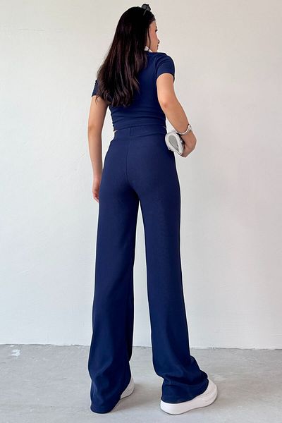 Cappmoda TKM-13264 Ναυτικό πουκάμισο με λεπτομέρεια Crop μπλούζα ψηλόμεσο παντελόνι δύο τεμαχίων