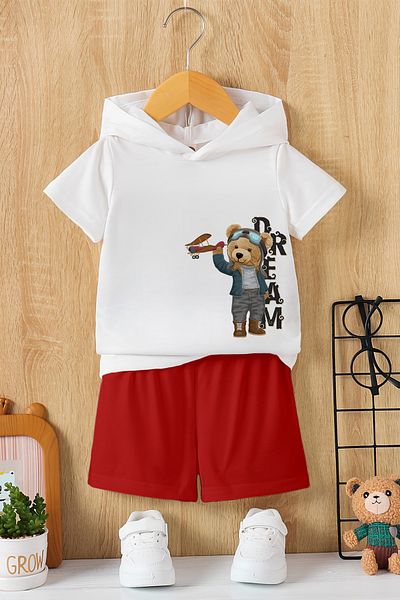 MYADA New Season Hooded Pilot Teddy Bear Printed 2-Piece Children's Set 23517