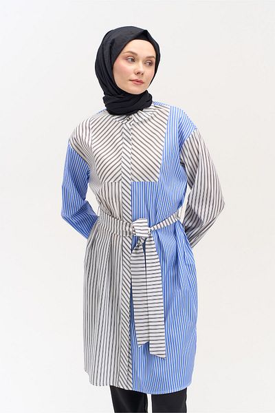 Setrms Belted Double Color Striped Tunic