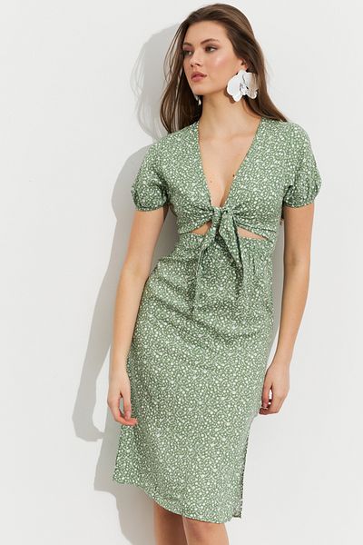 Cool & Sexy Women's Green Patterned Window Midi Dress Q1013